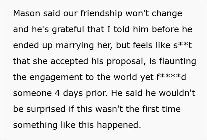 Text excerpt revealing a cheater hiding a one night stand while a friend threatens to expose a horrible secret.