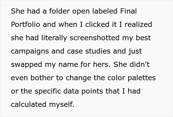 Alt text: Text explaining how a boss stole portfolio content by screenshotting campaigns and changing the name to hers.
