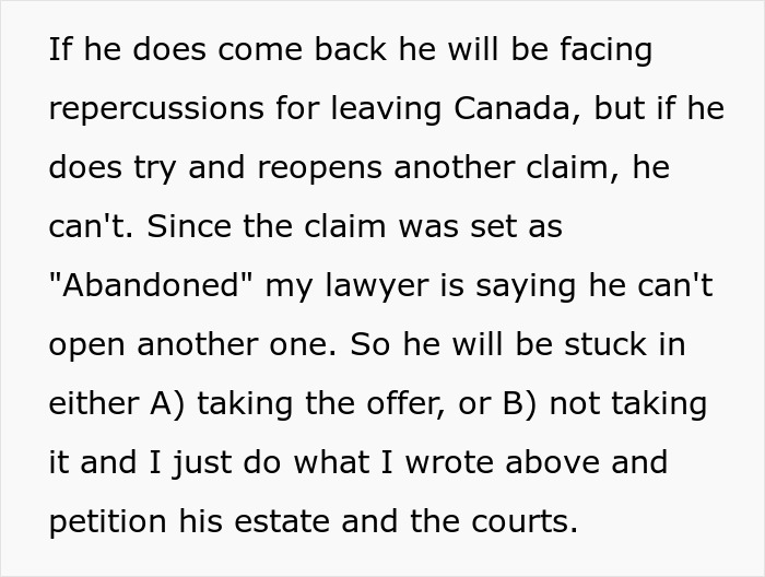 Text discussing legal repercussions for reopening a claim marked as abandoned, involving estate and court petitions.