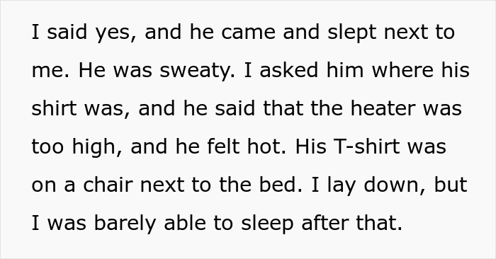 Text excerpt describing a wife noticing her husband without a shirt, feeling uneasy after hearing moaning sounds nearby.
