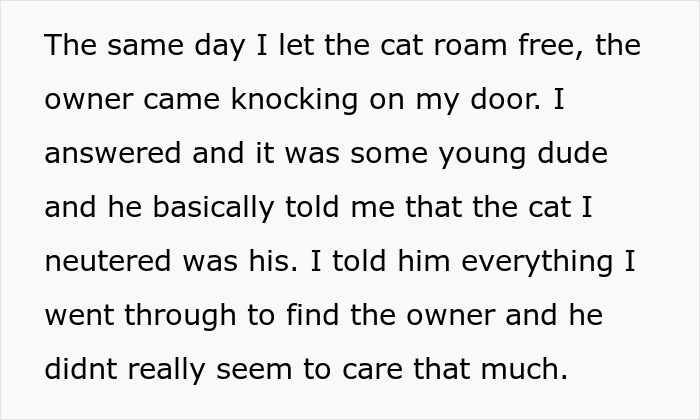 Alt text: Person explaining neutering neighbor cat stray and the owner's indifferent reaction after the procedure.