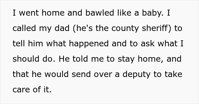 Text describing a woman calling her sheriff dad about neighbors stealing her cat and being called a spoiled brat.