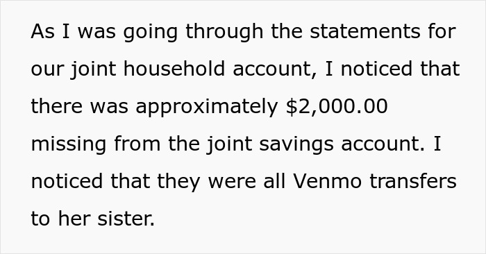 Text showing a man discovering $2,000 missing from joint savings due to Venmo transfers to wife's sister.