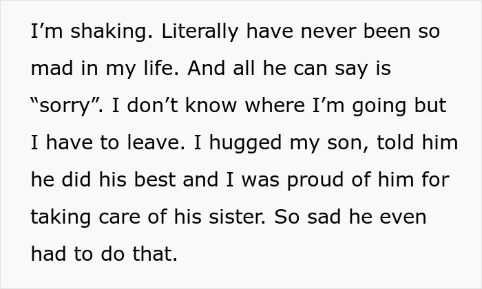 Text excerpt showing a mother expressing anger and pride towards her son for caring for his sister during a stressful situation.