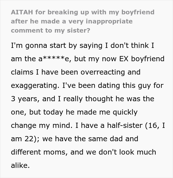 Text post about a guy ending a 3-year relationship after making an inappropriate comment to his girlfriend&rsquo;s teen sister.