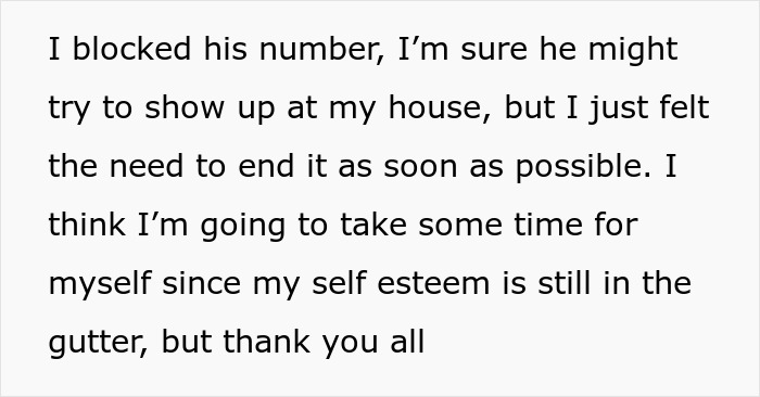 Text message describing ending a relationship due to repeated nagging about losing weight, affecting self-esteem.