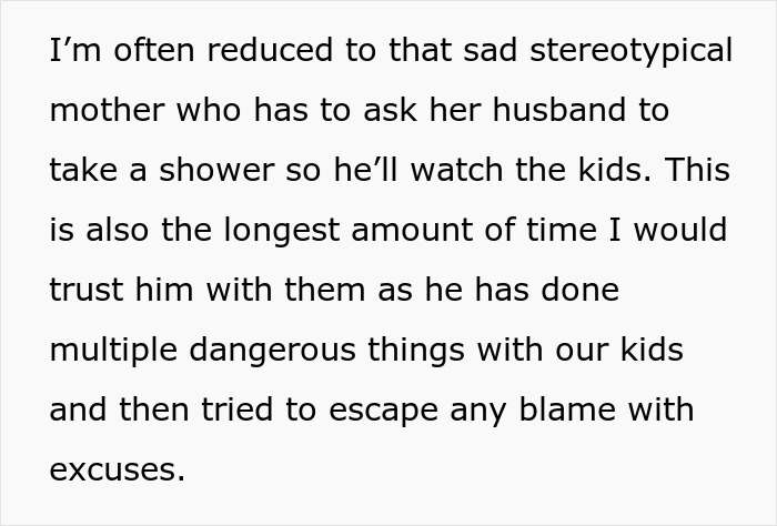 Text discussing a wife reduced to a stereotypical role while distrust grows due to husband's dangerous actions with their kids.