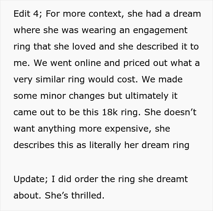 Text explaining a woman&rsquo;s dream engagement ring with an $18,000 price tag and the fianc&eacute;&rsquo;s dilemma to pay or walk away.