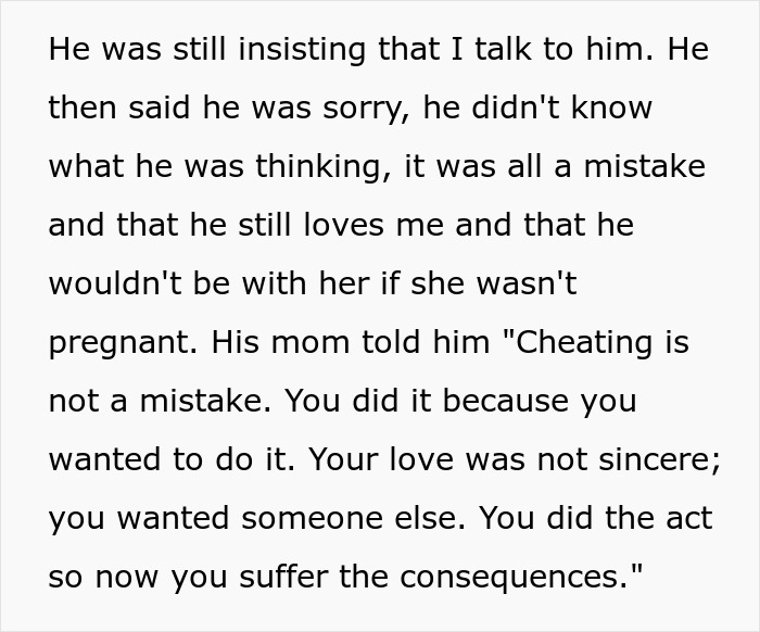Text discussing a woman confronting her boyfriend and his pregnant mistress about cheating and its consequences.