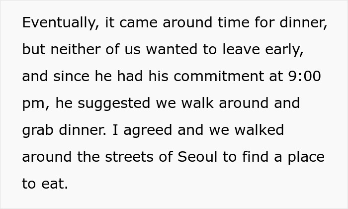 Text excerpt describing a woman&rsquo;s perfect first date abroad walking the streets of Seoul seeking dinner options.