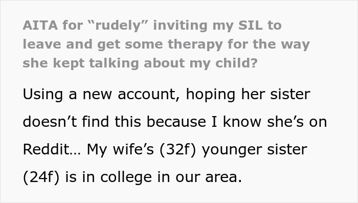 Text post discussing a tense SIL baby rude relationship involving family dynamics and therapy considerations.