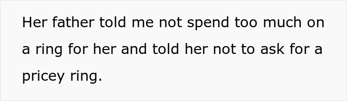 Text on a white background reads her father told me not to spend too much on a ring for her and told her not to ask for a pricey ring.