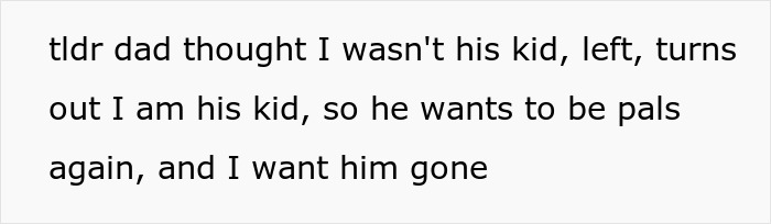 Text on white background about a dad learning paternity results were mixed up and wanting to reconnect with his son.