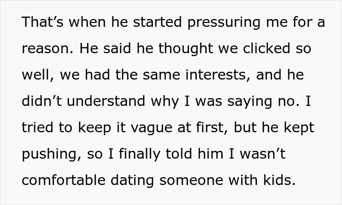 Text excerpt describing a young woman explaining why she is uncomfortable dating a single dad despite shared interests.
