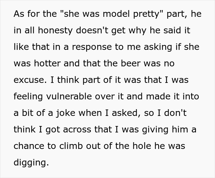 Text about wife realizing husband downgraded from gorgeous to kind, feeling vulnerable after he called his ex model pretty. Text about wife realizing husband downgraded from gorgeous to kind, feeling vulnerable after he called his ex model pretty.