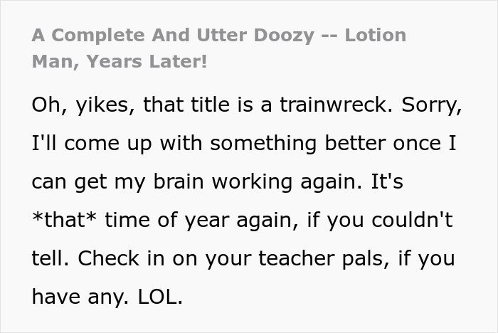 Text on screen showing a humorous note about a woman’s innocent goofy joke revealing her husband is a horrible cheating jerk.