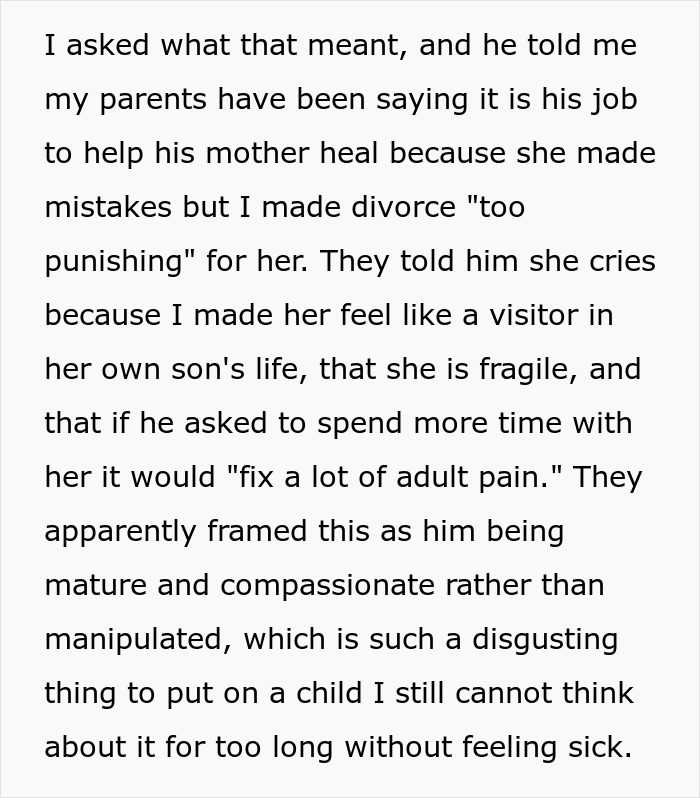 Text excerpt showing a grandparents guilt trip kid over his mom, with dad deciding to cut them off.