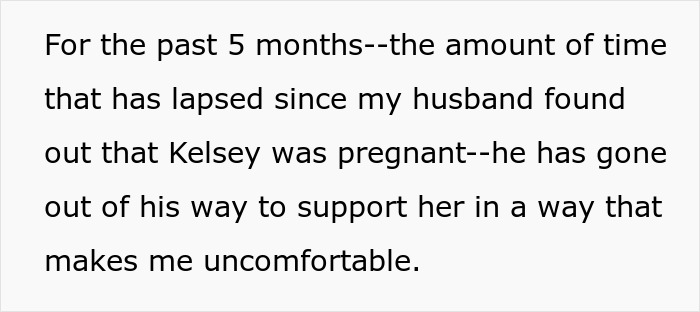 Text excerpt describing a husband supporting his pregnant coworker, raising discomfort for his wife.