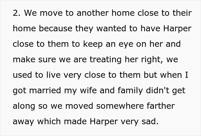 Text excerpt discussing family moving closer to monitor Harper after dad evicts teen daughter for new baby, sparking family crisis.