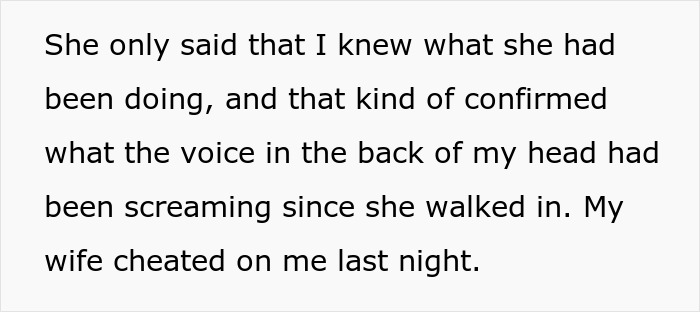 Text excerpt showing a man describing how his wife admitted to cheating on him the previous night for variety.