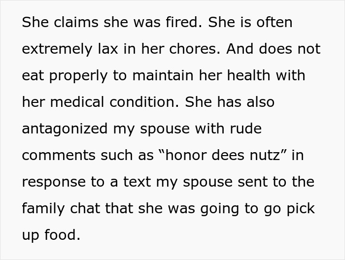 Text excerpt describing a random internet stranger causing family conflict and tension while living with boyfriend&rsquo;s family.