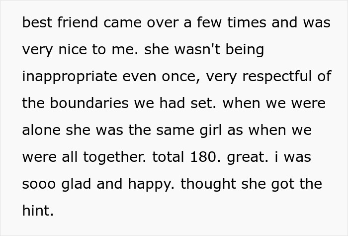 Text excerpt describing a woman trying to coexist with her boyfriend&rsquo;s female friend, mentioning respect for boundaries and initial positive feelings.