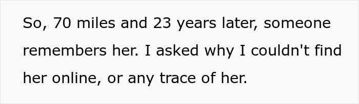 Text on white background about someone remembering a teenage ex after 23 years and 70 miles apart in the US.