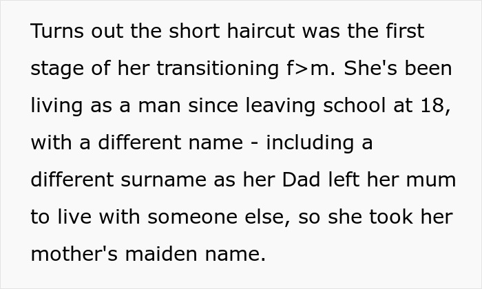 Text explaining a short haircut as the first stage of transitioning from female to male, now living as a man in the US.