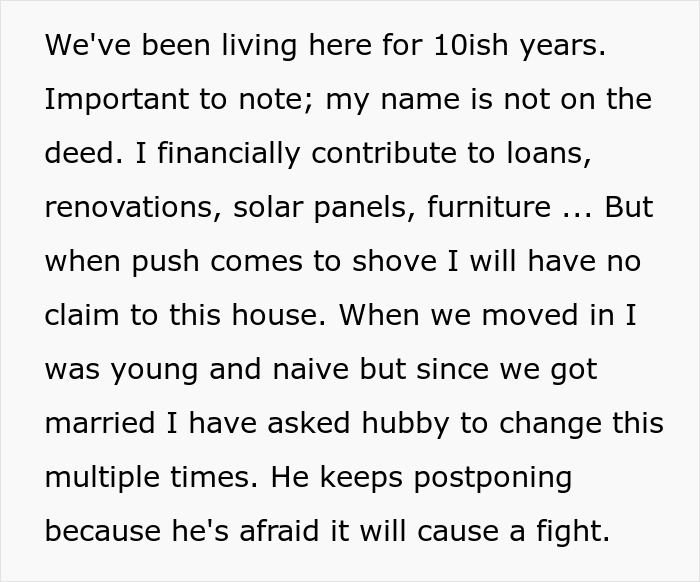 Text about a woman financially contributing to a house but having no legal claim, causing tension with her husband and in-laws.