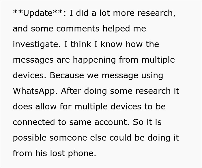 Text update explaining how messages on WhatsApp can come from multiple devices, revealing a surprising truth in a relationship. Text update explaining how messages on WhatsApp can come from multiple devices, revealing a surprising truth in a relationship.
