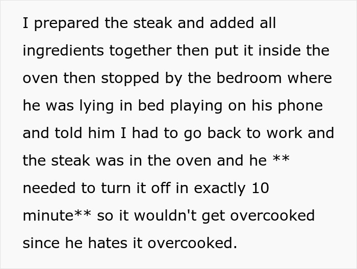 Text showing a story about refusing to pay husband after burnt steak was overcooked in the oven due to not turning it off.