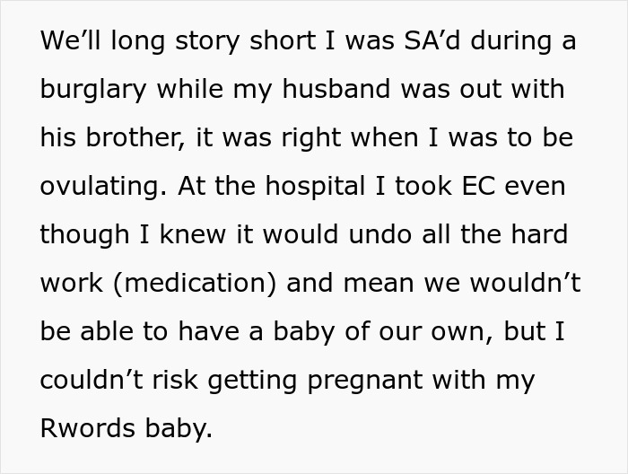 Text excerpt explaining a woman’s experience after a burglary and taking emergency contraception despite fertility challenges.