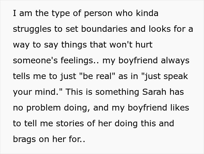 Text on a screen describing a woman struggling with setting boundaries as her arrogant boyfriend compares her to another man&rsquo;s wife.