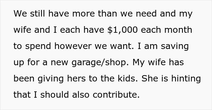 Text excerpt showing homemaker laments about adult kids not having luxury cars and husband feeling exhausted telling her to get a job.