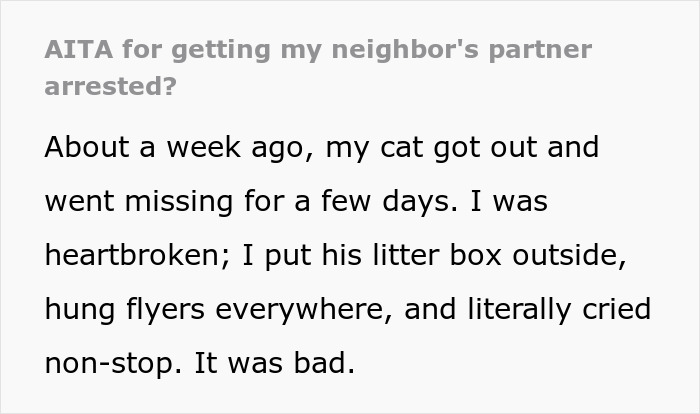 Text excerpt describing a woman crying to her sheriff dad about neighbors stealing her cat after it went missing.