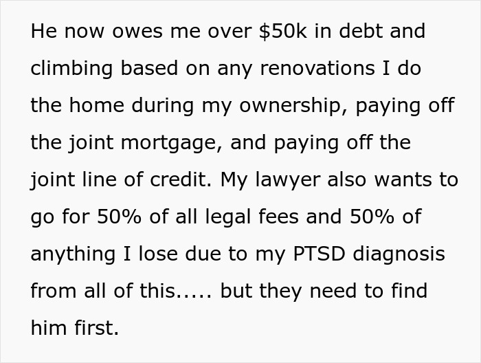 Text discussing debt owed, legal fees, and financial struggles related to PTSD diagnosis after chemotherapy refusal.