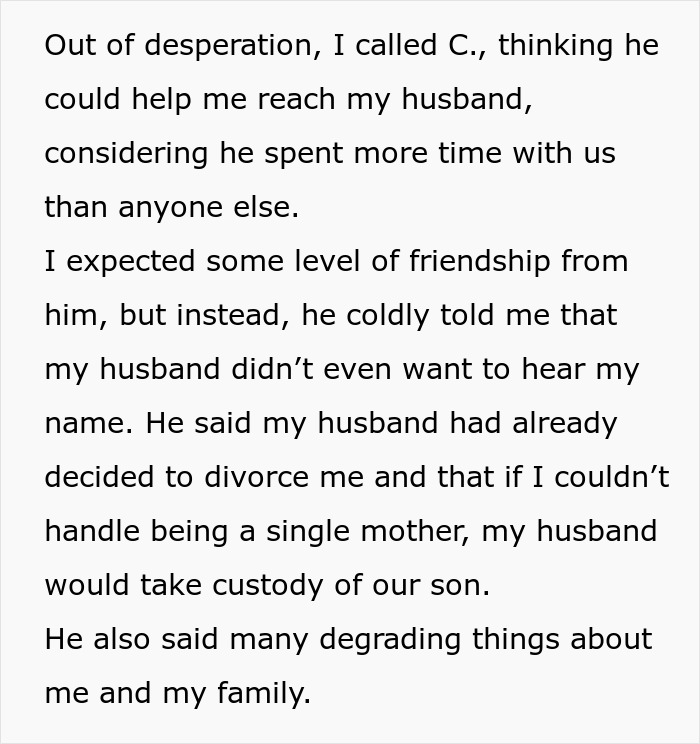Text excerpt revealing a man telling his best friend to divorce his wife and sabotaging their relationship.