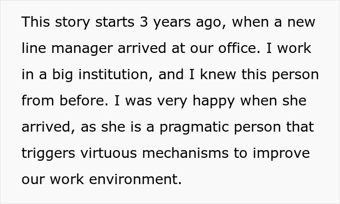 Text excerpt about a new pragmatic line manager improving the work environment and work-life balance lesson.