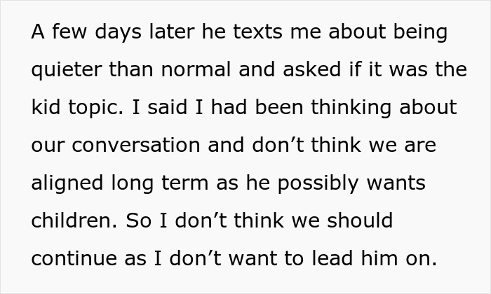 Text message about relationship doubts due to boyfriend demanding veto on woman's medical procedure and fatherhood dreams.