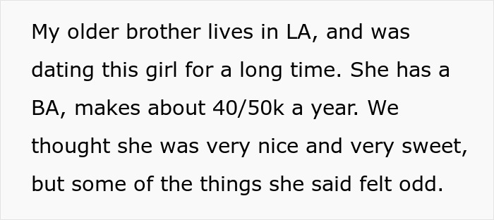 Text from a blog post describing a sister's concern over a fianc&eacute;e's $40K ring complaint.