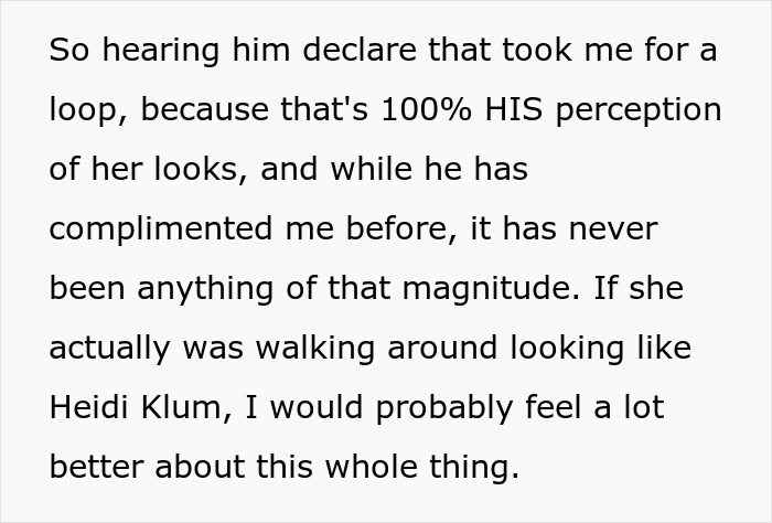 Text excerpt about wife realizing hubby downgraded from gorgeous to kind, reflecting on his view of ex as model pretty. Text excerpt about wife realizing hubby downgraded from gorgeous to kind, reflecting on his view of ex as model pretty.