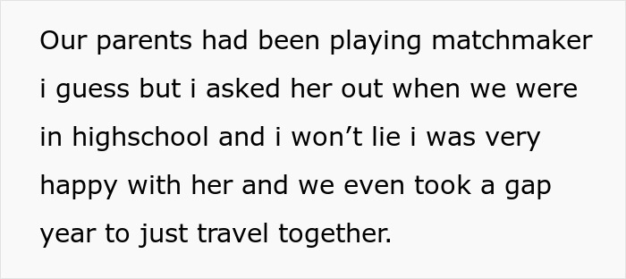 Text from a personal story describing how parents played matchmaker and a couple traveled together after high school.