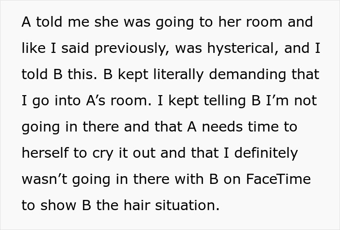 Text describing a tense best friend fight involving a mom and a private moment inside a room.