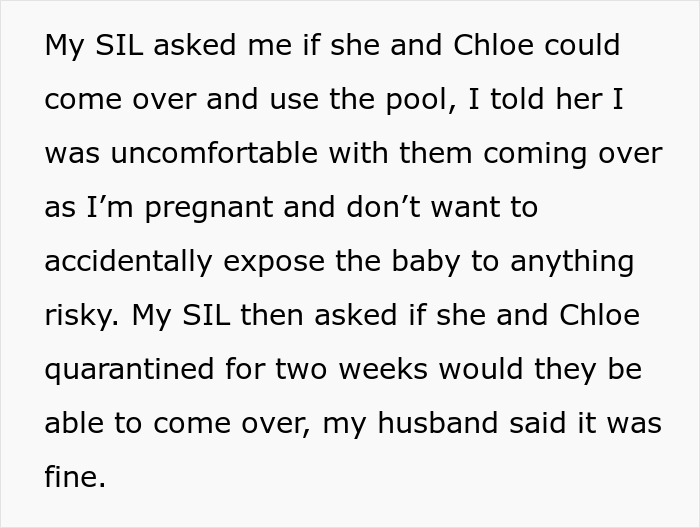 Text excerpt describing a pregnant woman setting boundaries with her sister-in-law over pool use due to health concerns.