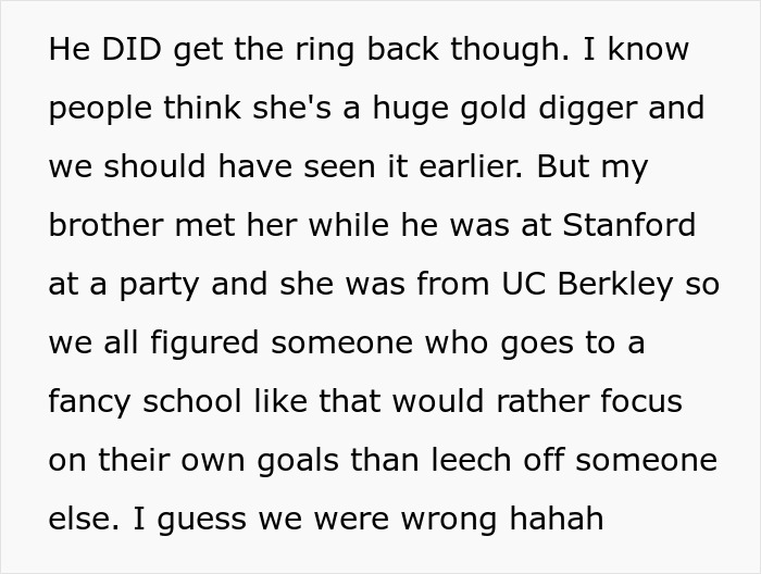 Text stating the brother got the ring back, discussing the fianc&eacute;e's $40K ring complaint, and his sister's take.