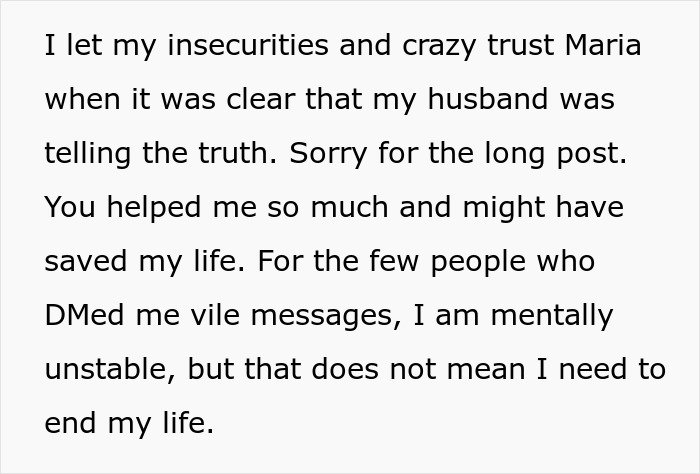 Text expressing emotional struggle and trust issues with husband, relating to wife seeing hubby without shirt and bestie naked.