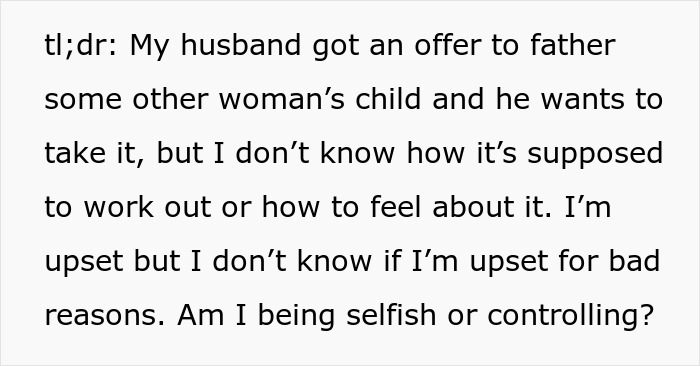 Text about husband wanting to father his ex's child, wife confused and learning dark twisted secret in their relationship.
