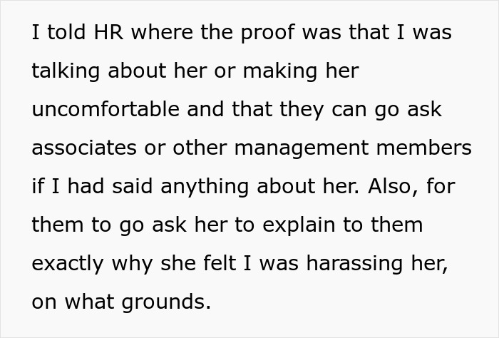 Text excerpt discussing HR investigation and harassment claim involving coworkers in a tense workplace situation.