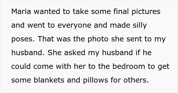 Text excerpt about wife seeing hubby without shirt and bestie naked after hearing moaning, sensing something happened.