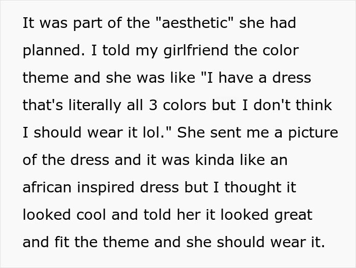 Text excerpt about a guy approving an outfit for his sister&rsquo;s wedding that causes drama with his girlfriend.